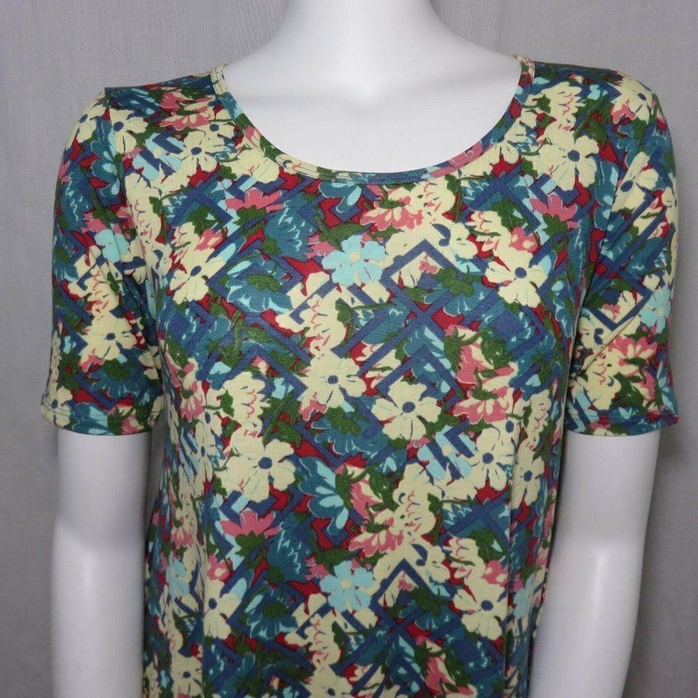 LuLaRoe S Perfect Tee Tunic Top Shirt Floral Lattice Blue Green Red Yellow Pink